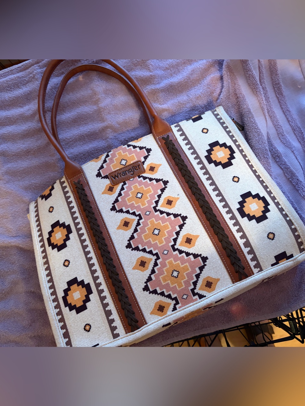 Wrangler Aztec Canvas Tote in Cream, Brown & Pink